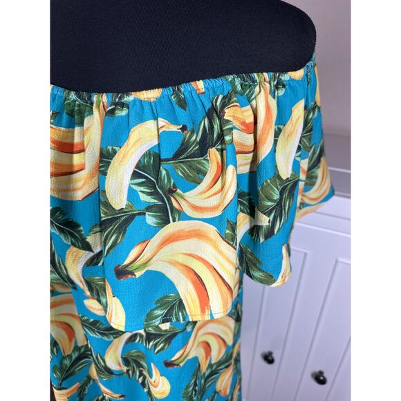 Show Me Your Mumu Off Shoulder Banana Graphic Print Mini Dress Teal Yellow Sz XL - Picture 5 of 13